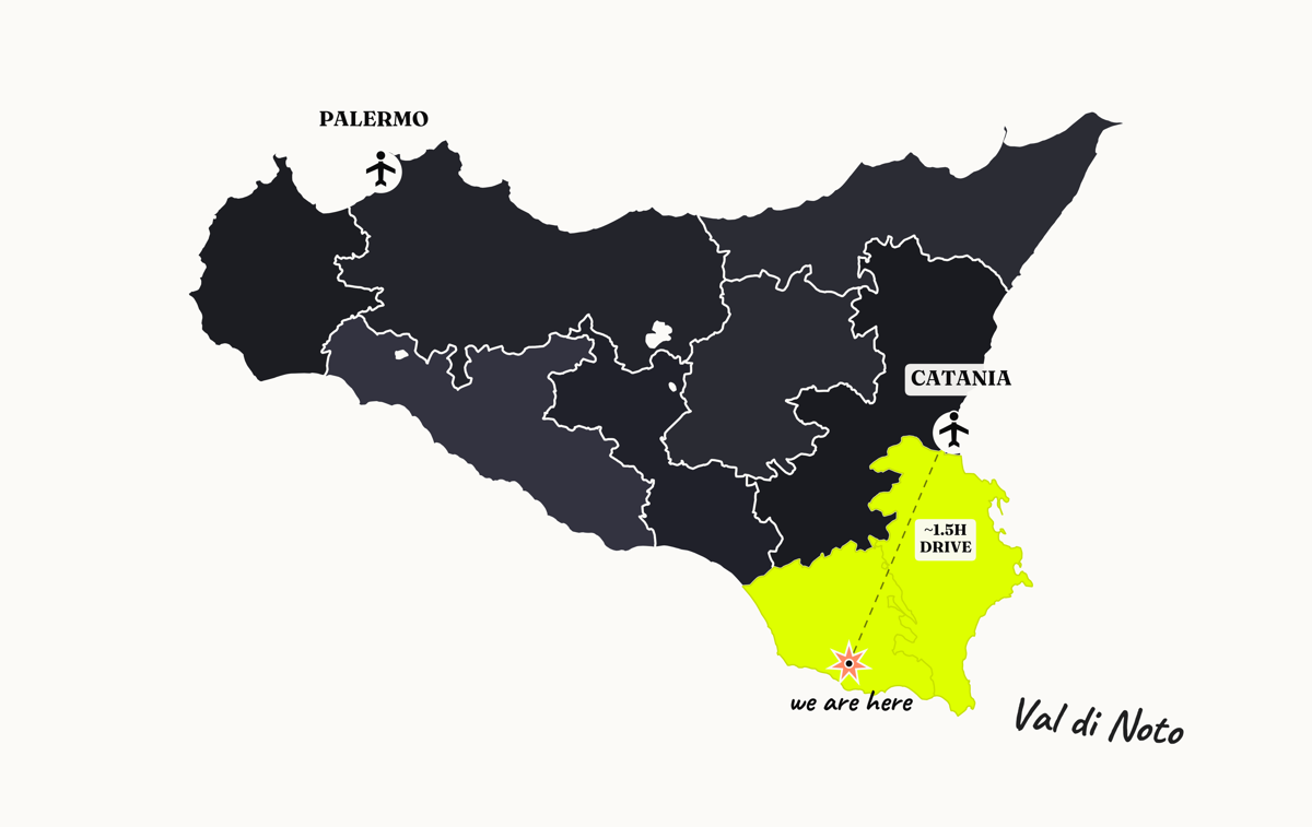 Map of Sicily marking the Val di Noto, roughly 1.5 hours from Catania airport