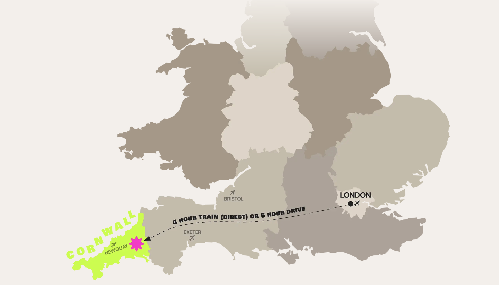 Map of southern England showing Cornwall highlighted, with Lostwithiel and the nearest airports marked